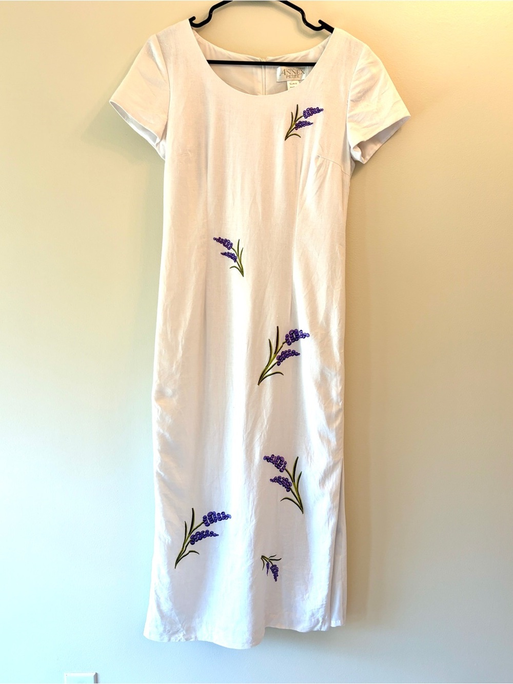 Vintage White Maxi Dress with Lavender Floral Embroidery